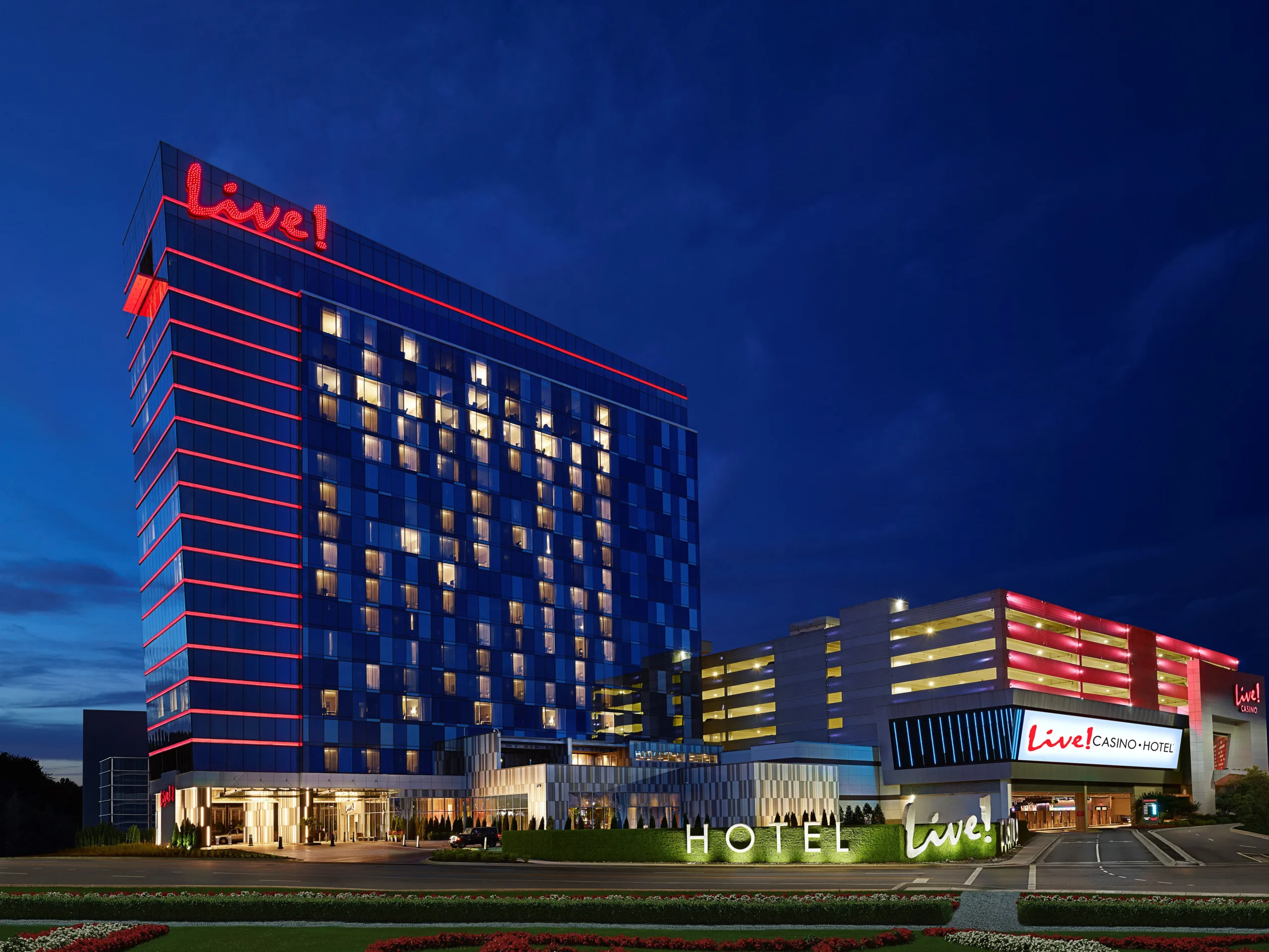 Live! Maryland Casino exterior at night